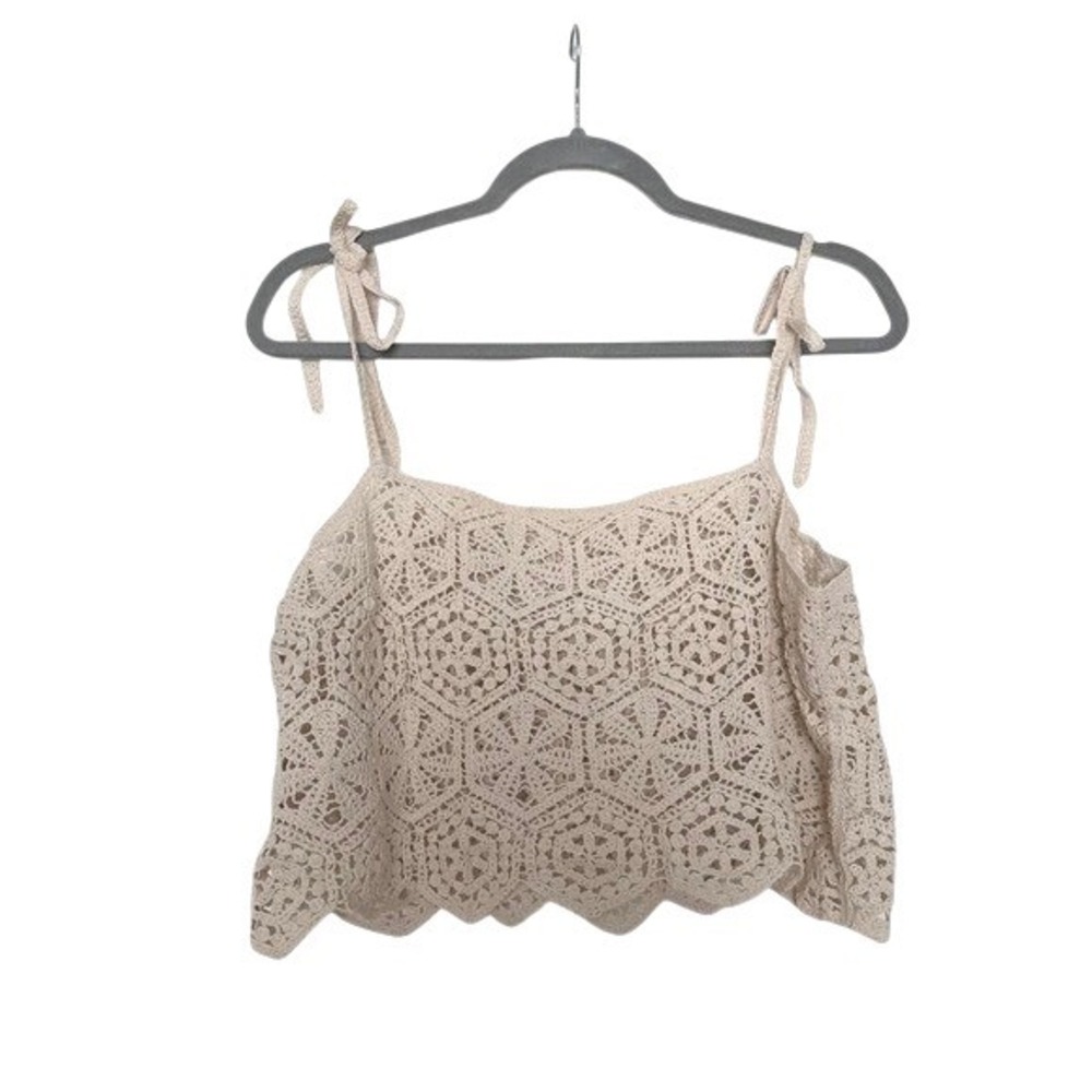 Boho Cream Crochet Crop Top Tie Shoulder‎ Scalloped Hem Geometric Lace Cami- xl